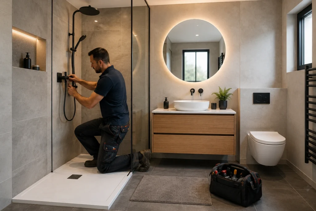 Artisan plombier installant une douche moderne et des sanitaires dans une salle de bain à Gaujac dans le Gard