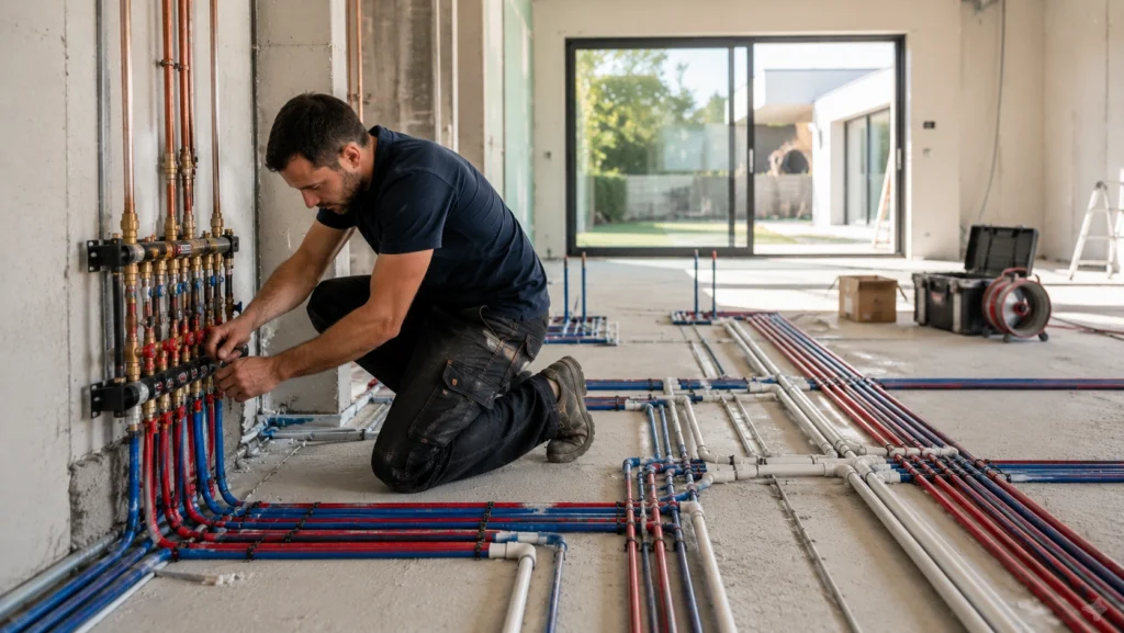 Artisan plombier installant un réseau de plomberie dans une villa neuve à Gaujac dans le Gard